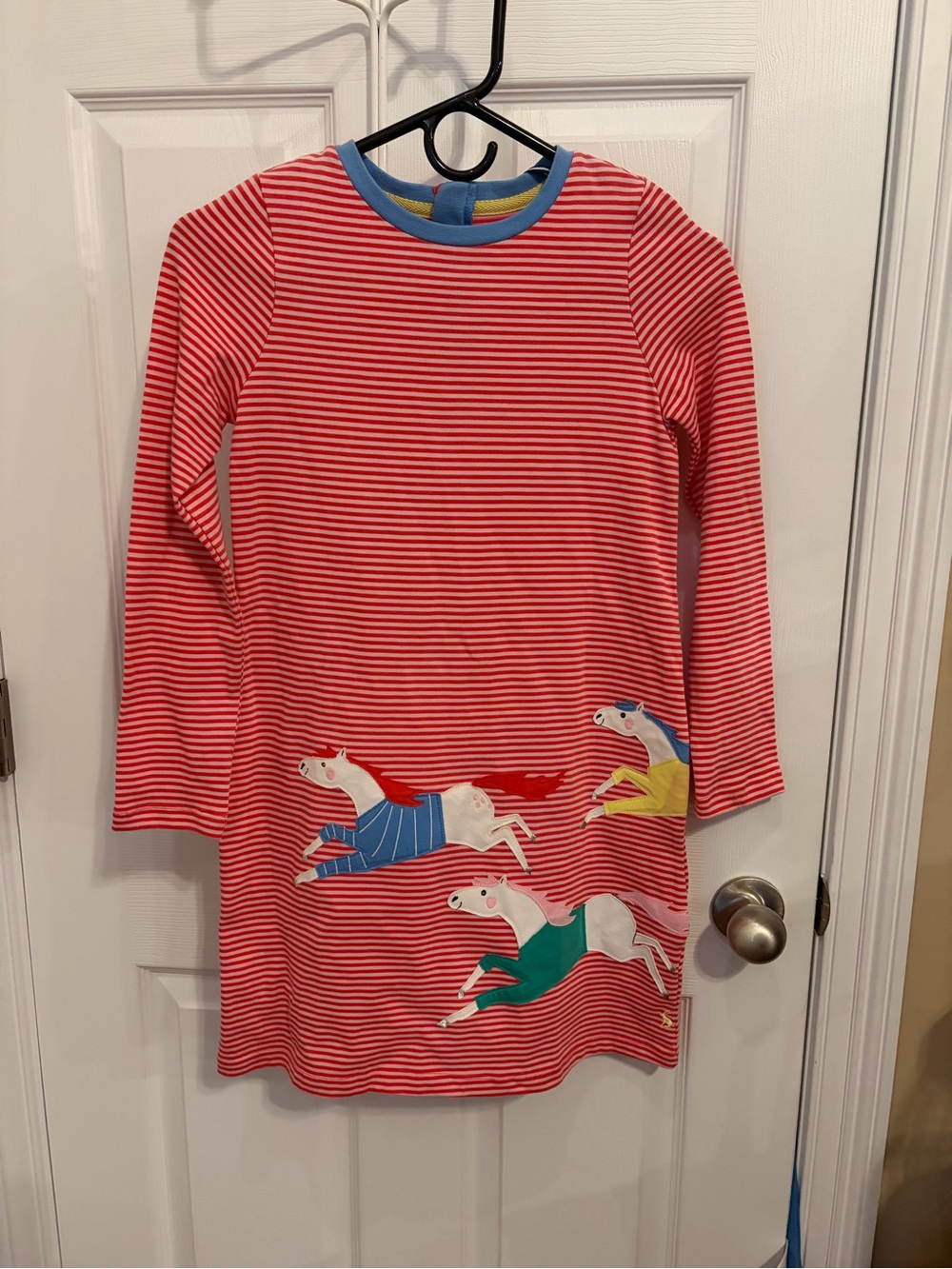 Joules Red & White Striped Long-Sleeve Dress with Horse appliqué.